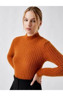 Пушистый свитер в рубчик с длинными рукавами и круглым вырезом Koton, оранжевый