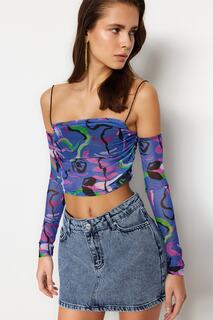 Разноцветная блузка из тюля на укороченной подкладке с принтом Trendyol, разноцветный