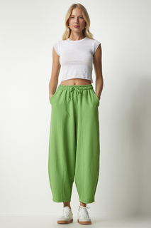 Женские льняные вискозные брюки-шалвар фисташкового цвета с карманами Happiness İstanbul, зеленый