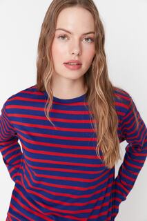 Красно-темно-синяя полосатая базовая трикотажная футболка с круглым вырезом обычного/нормального цвета Trendyol, красный