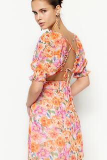 Разноцветное мини-тканое платье трапециевидной формы с открытой спиной и цветочным принтом Trendyol, разноцветный
