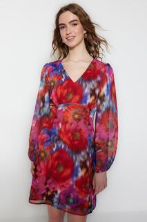 Разноцветное мини-тканое платье с v-образным вырезом и узором А-образного выреза Trendyol, разноцветный