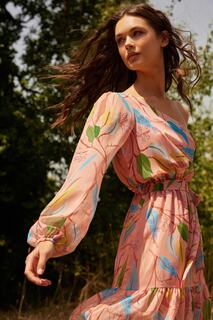 Разноцветное мини-тканое платье с поясом и одним рукавом с цветочным узором TWOSS21EL1199 Trendyol, разноцветный