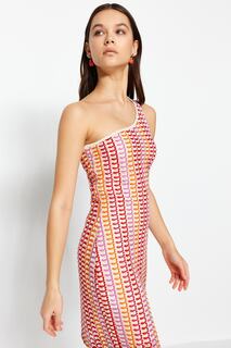 Разноцветное мини-вязаное платье с асимметричным воротником, ограниченное издание Trendyol, разноцветный