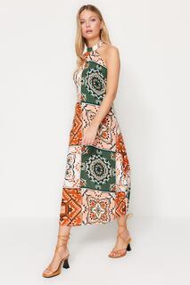 Разноцветное тканое платье миди прямого кроя с бретелькой и узором Trendyol, разноцветный