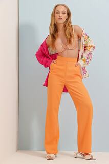 Женские оранжевые льняные тканые брюки-палаццо с высокой талией и двойными карманами на молнии ALC-X8293 Trend Alaçatı Stili, оранжевый