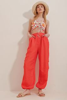 Женские оранжевые льняные брюки Aerobin с двойными карманами Trend Alaçatı Stili, оранжевый