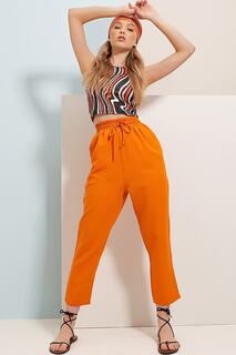 Женские оранжевые льняные брюки с завышенной талией и карманами на эластичной талии ALC-X8549 Trend Alaçatı Stili, оранжевый