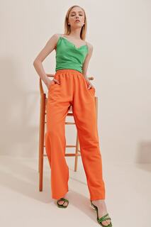 Женские оранжевые льняные брюки палаццо с эластичной резинкой на талии и двойными карманами Trend Alaçatı Stili, оранжевый