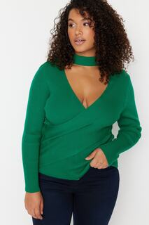Двубортная трикотажная блузка с зеленым воротником Trendyol, зеленый