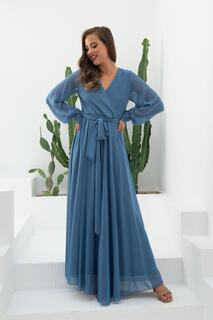 Двубортное длинное вечернее платье из шифона индиго Carmen, темно-синий