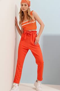 Женские оранжевые тканые брюки-морковки с двойным карманом и поясом из атласа ALC-X8286 Trend Alaçatı Stili, оранжевый