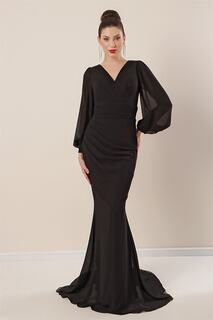 Двубортное длинное шифоновое платье со сборками и вырезом спереди на подкладке, черное By Saygı, черный
