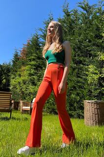 Женские оранжевые расклешенные брюки с эластичным поясом в рубчик Trend Alaçatı Stili, оранжевый