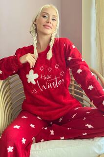 Красный женский плюшевый пижамный комплект с рисунком Hello Winter Pijamaevi