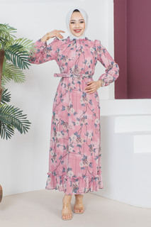 Юбка с рюшами и детальным платьем TSD230603 Розовый Tesettür Dünyası