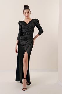 Двубортное длинное атласное платье со сборками и вырезом на подкладке, черное By Saygı, черный