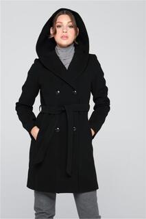 Двубортное пальто с капюшоном и поясом, черное 3844 Olcay, черный
