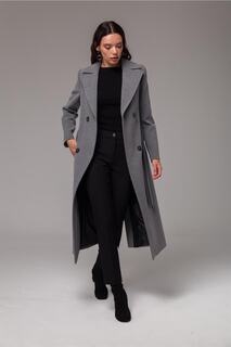 Двубортное пальто средней длины с завязками на талии Серое 3754 Concept., серый