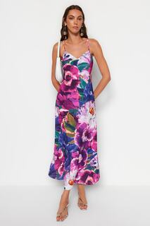 Разноцветное фактурное тканое платье миди с цветочным принтом и бретелями Trendyol, разноцветный