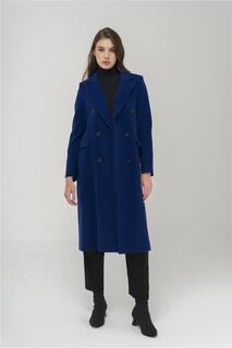 Двубортное пальто средней длины с воротником-жакетом SAKS Olcay, темно-синий