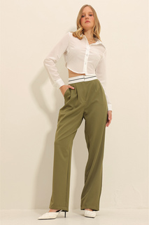 Женские плиссированные брюки-палаццо с двойным карманом и зеленым поясом ALC-X11313 Trend Alaçatı Stili, зеленый