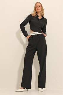 Женские плиссированные брюки-палаццо с черным поясом и двойными карманами ALC-X11313 Trend Alaçatı Stili, черный
