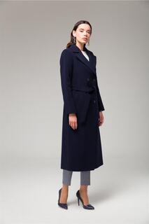 Двубортное пальто средней длины с завязками на талии Темно-синий 3754 Concept.