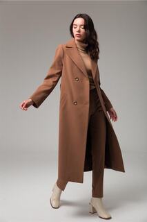 Двубортное пальто средней длины с завязками на талии коричневое 3754 Concept., коричневый