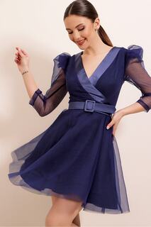 Двубортное платье с поясом и пышными рукавами, темно-синее By Saygı, темно-синий