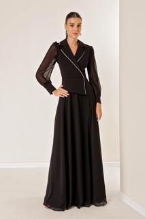 Двубортное шифоновое длинное платье на подкладке с камнями, рукавами и юбкой By Saygı, черный