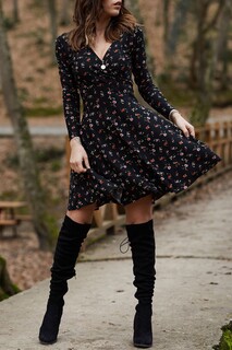 Двубортное платье с цветочным узором XHAN, черный