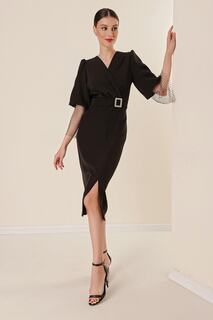Двубортное платье с вырезом на талии и пряжкой в сетку из бисера с детальными рукавами-воздушными шарами, широкое платье с разрезом, черное By Saygı, черный