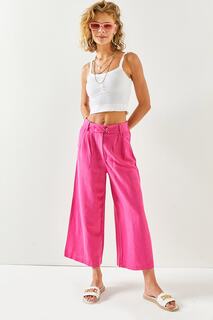 Женские плиссированные широкие льняные брюки цвета фуксии с карманами Olalook, розовый