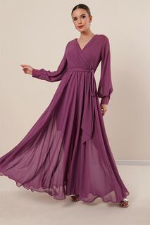 Двубортное шифоновое длинное платье с длинными рукавами и воротником на подкладке Dusty Rose By Saygı, розовый