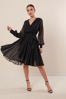 Двубортное шифоновое платье с воротником и длинными рукавами By Saygı, черный
