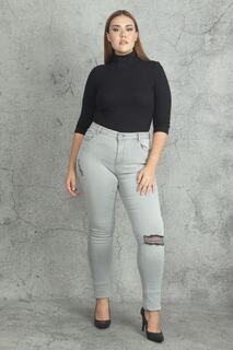 Женские рваные джинсовые брюки большого размера из лайкры с 5 карманами 65n19852 Şans, серый