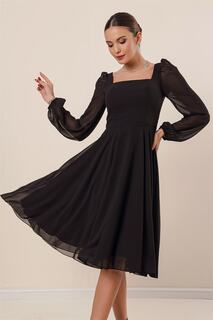 Расклешенное шифоновое платье с квадратным вырезом и поясом на подкладке, черное By Saygı, черный