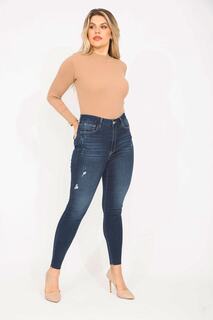 Женские рваные джинсы скинни большого размера, темно-синие с высокой талией и деталями, 65n35289 Şans, темно-синий
