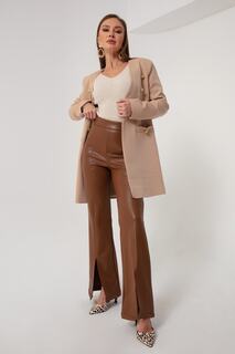 Женские светло-коричневые кожаные брюки с разрезом Lafaba, коричневый