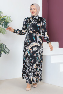 Детальное платье с рукавами и застежкой TSD230605 Черный Tesettür Dünyası