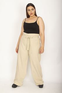 Женские свободные брюки из габардина большого размера с широкой талией и поясом, Şans, бежевый