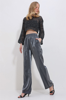 Женские серые блестящие атласные брюки-палаццо с двойными карманами и эластичной резинкой на талии Trend Alaçatı Stili, серый