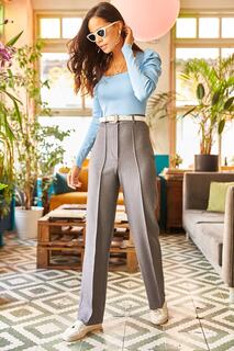 Женские серые широкие брюки с эффектом шерсти с декоративной строчкой Olalook, серый