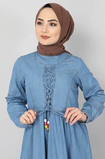 Джинсовое платье хиджаба со шнуровкой спереди Tsd06139 Голубое Tesettür Dünyası, синий