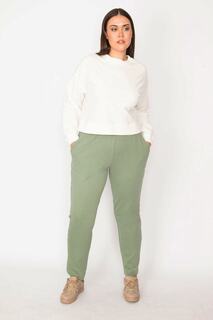 Женские спортивные брюки большого размера с эластичной резинкой на талии и карманами зеленого цвета 65n29848 Şans, зеленый
