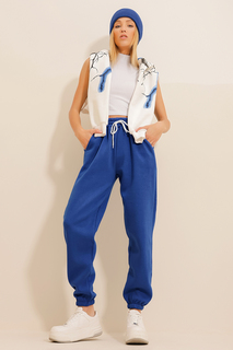 Женские спортивные штаны для бега Saks с 3 ребрами и рельефом Trend Alaçatı Stili, темно-синий