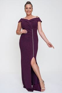 Ремешок из веревки с камнями, разрез спереди, длинное платье больших размеров на подкладке, широкий размерный ряд, фиолетовый By Saygı, фиолетовый