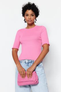 Розовая эластичная трикотажная блузка с круглым вырезом в рубчик Trendyol, розовый