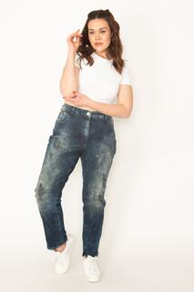 Женские темно-синие джинсы большого размера с эффектом потертости и рваными деталями 65n32718 Şans, темно-синий